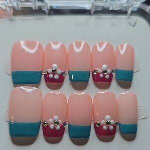 Handmade Short Large 3D Pearl French Tip Press On Nails Peach Teal Y2K Kawaii 10